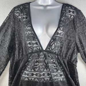 Aruba Blue Black Lace Swim Cover Up One Size Plus Boho Beach Tunic Sheer